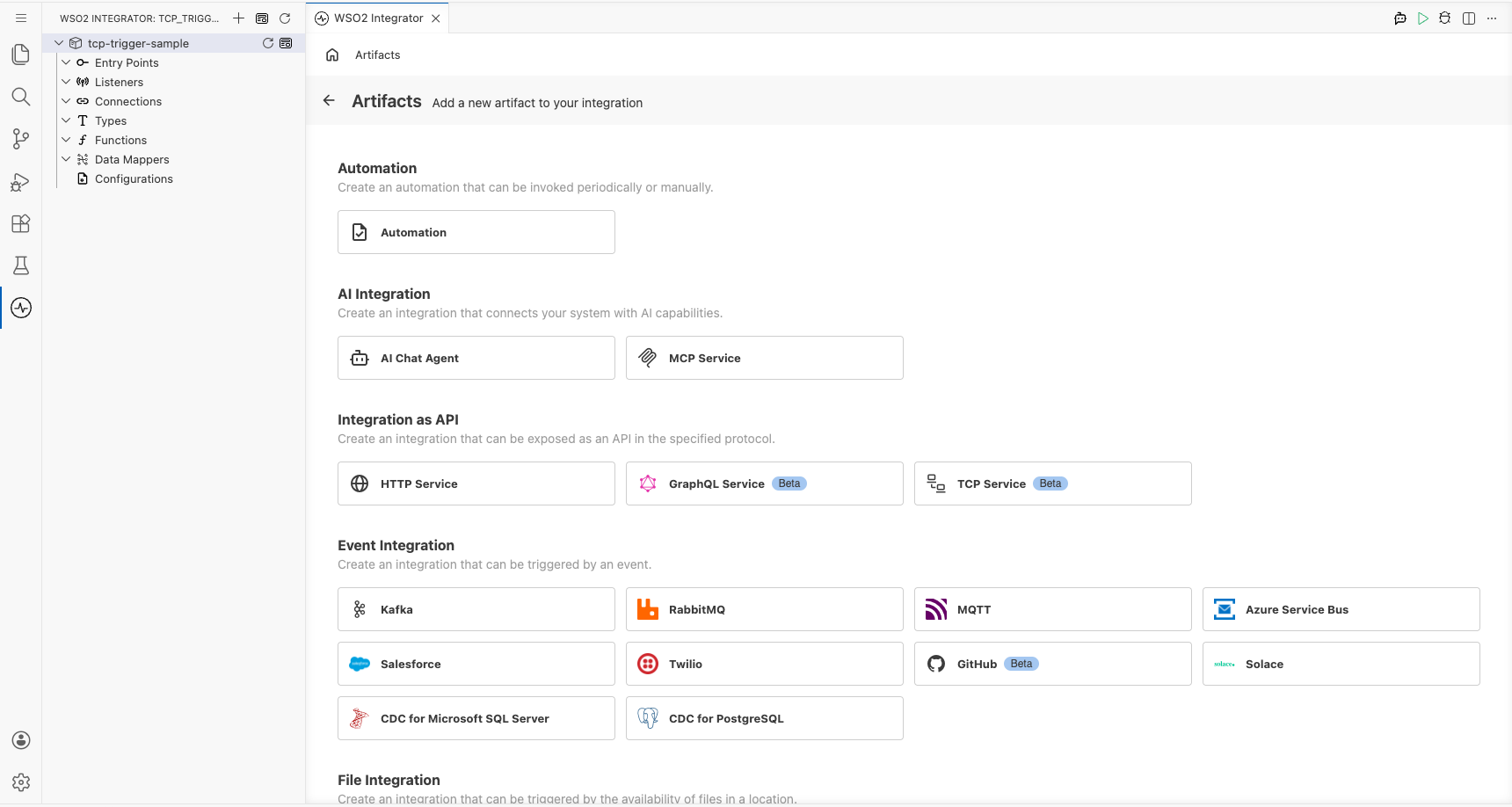 Artifacts palette open showing Integration as API category with the TCP Service card visible