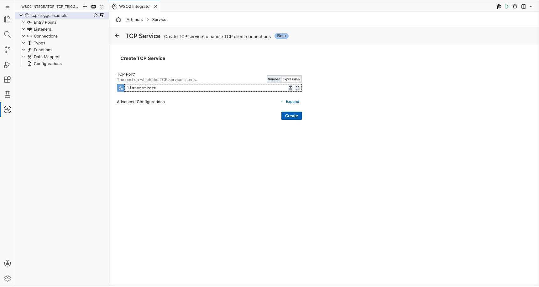 TCP Service configuration form with the TCP Port field in Expression mode showing "listenerPort" bound to the configurable int variable, before selecting Create
