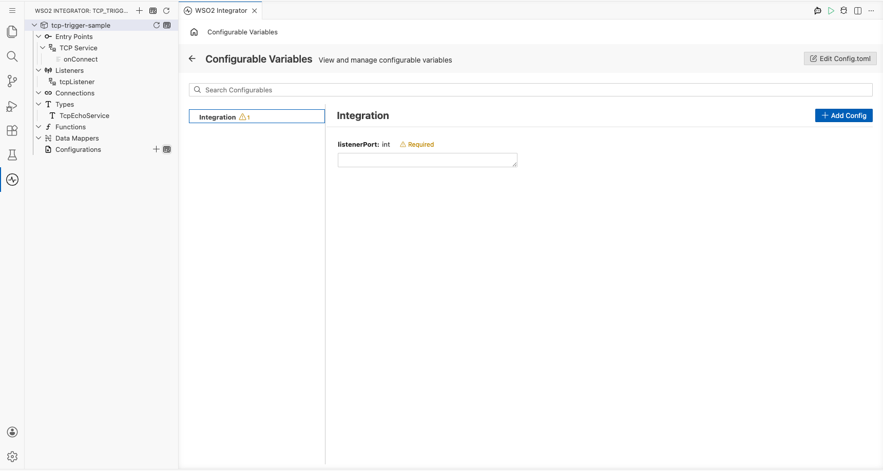 Configurations panel open showing the configurable variables listed with empty value fields