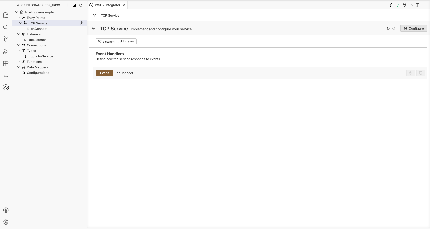 Auto-registered TCP event handlers (no Add Handler side panel for this trigger): Service view showing the onConnect handler row bound to tcpListener
