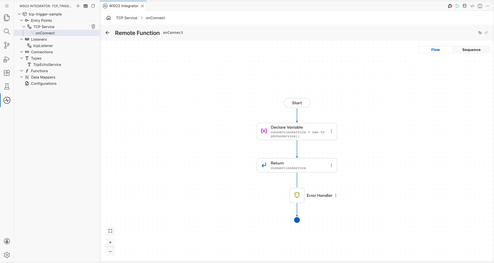 onConnect handler flow canvas (no Define Value modal: the TcpEchoService payload type is provided by the ballerina/tcp library) showing the initial Declare Variable and Return steps