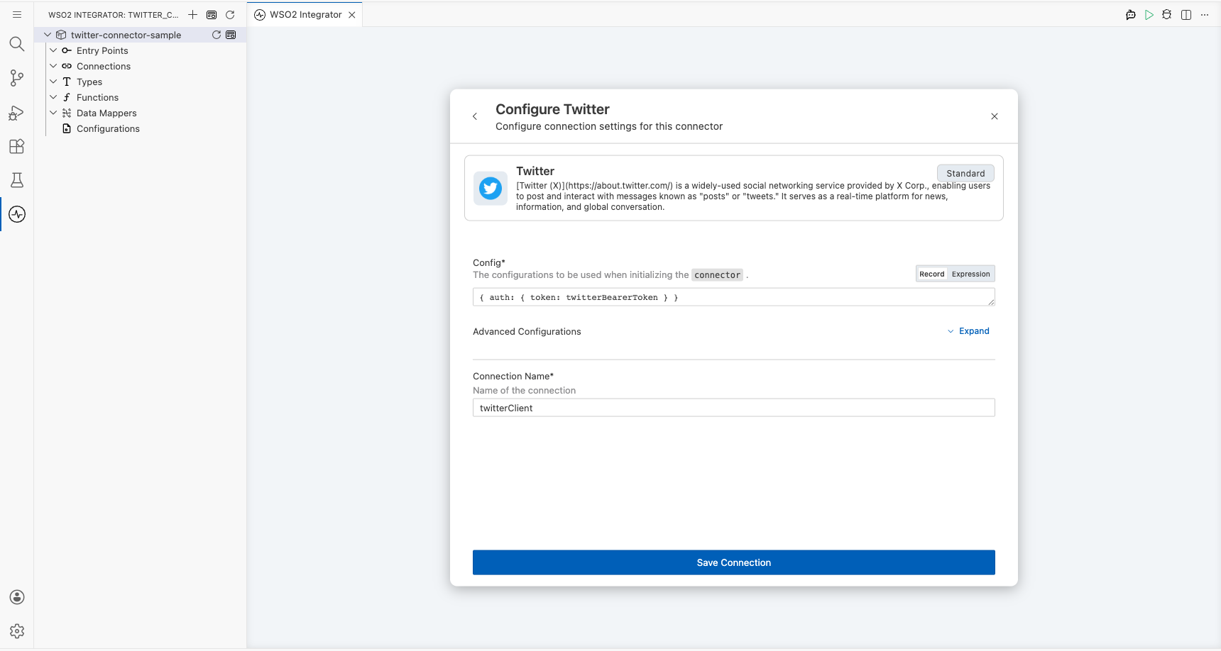 Twitter connection form fully filled with all parameters before saving