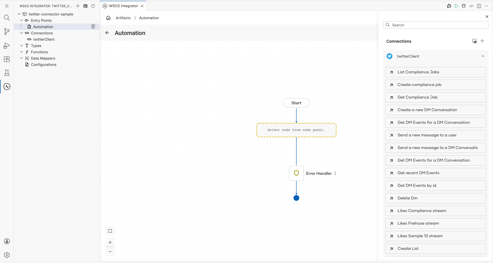 Twitter connection node expanded showing all available operations before selection