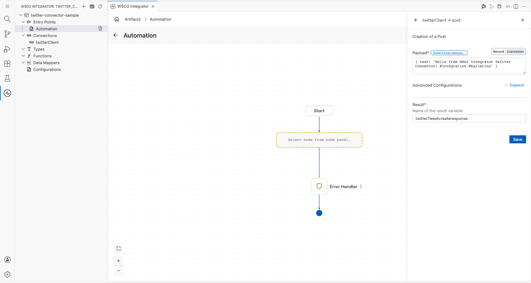 Twitter Creation of a Post operation configuration filled with all values