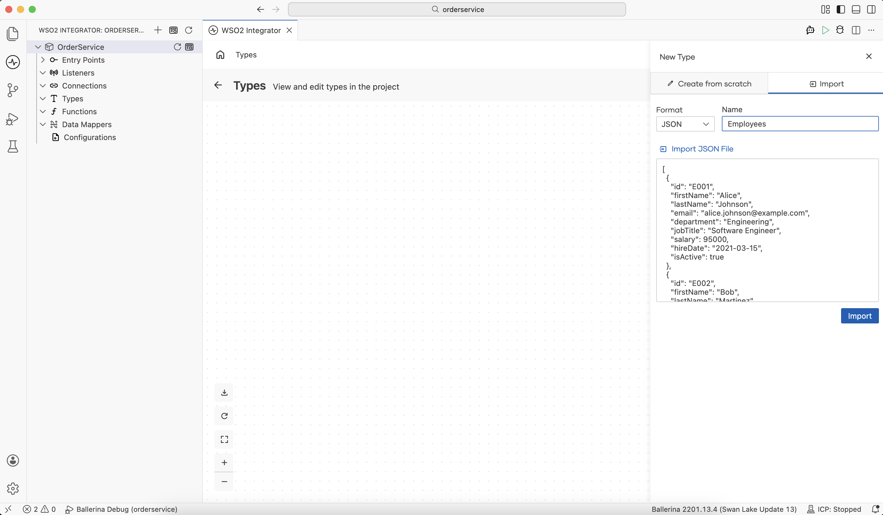 New Type creation form showing type generation from JSON