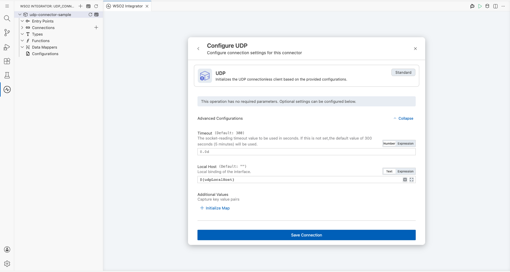 UDP connection form fully filled with all parameters before saving