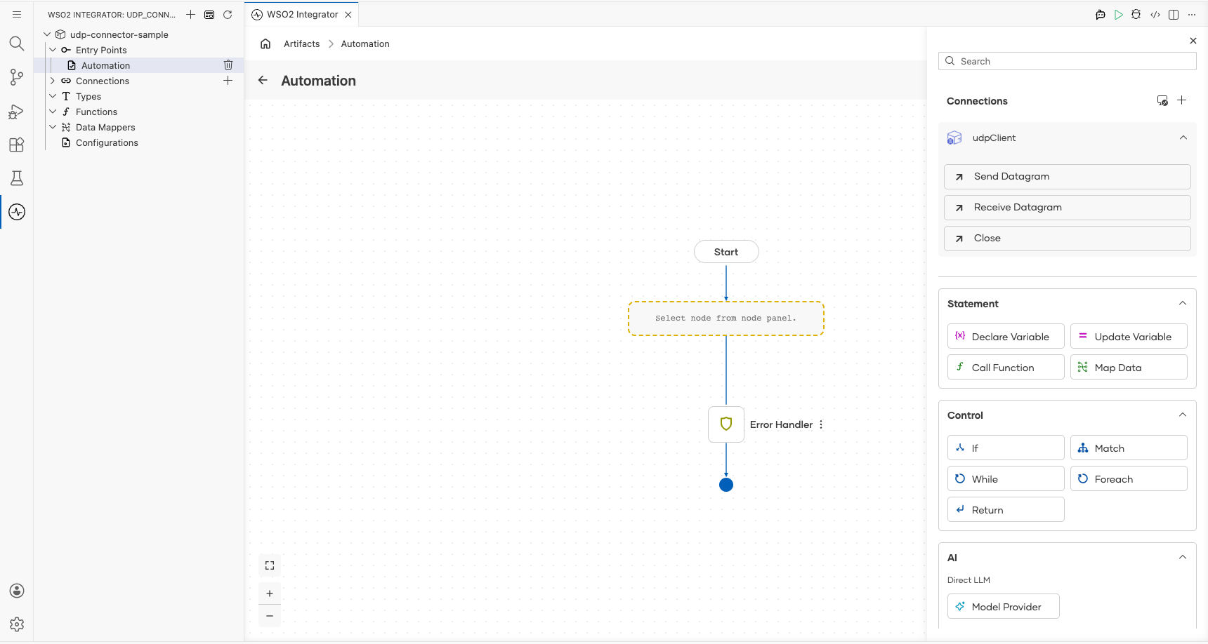 UDP connection node expanded showing all available operations before selection