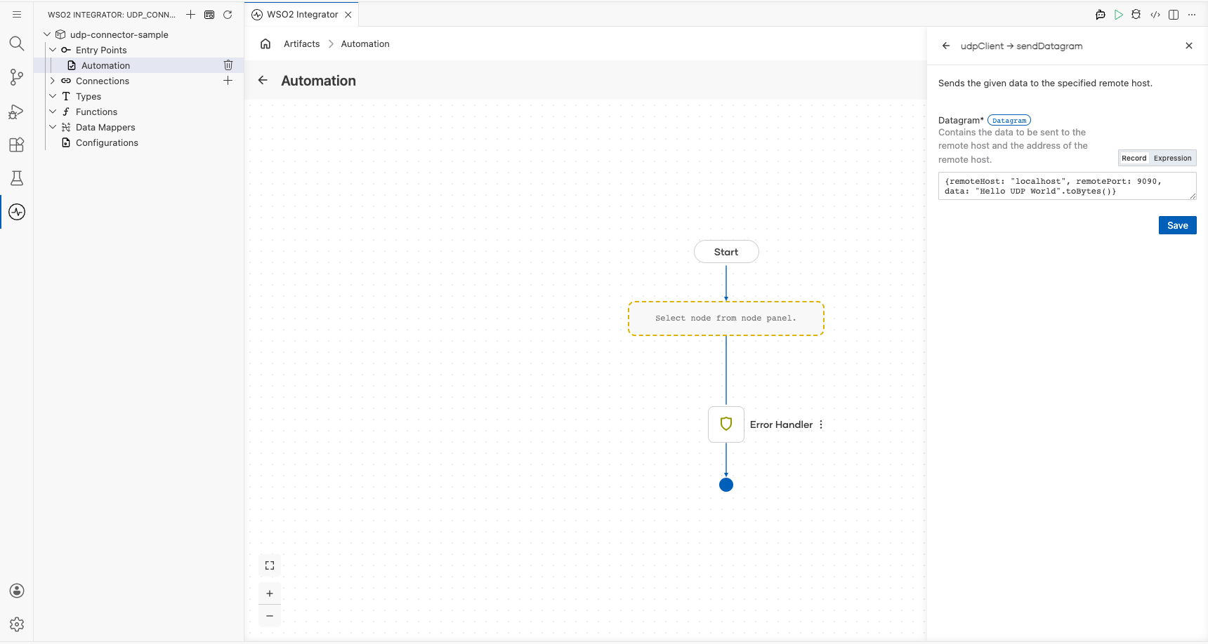 UDP sendDatagram operation configuration filled with all values
