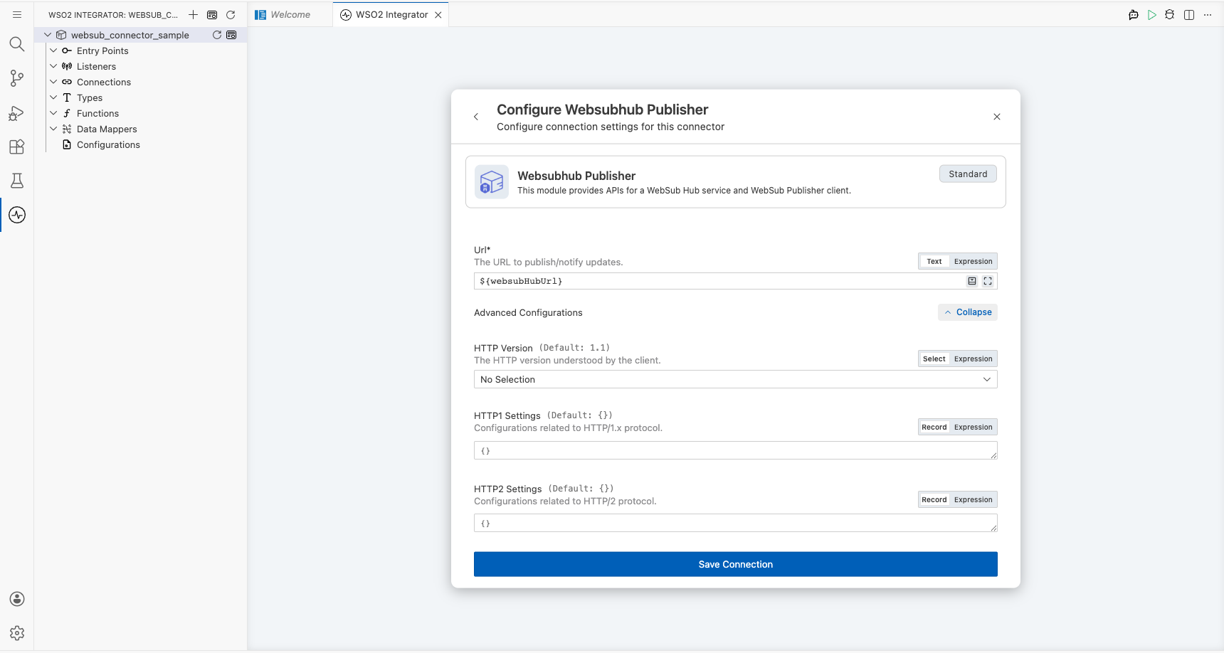 Websubhub Publisher connection form fully filled with all parameters before saving