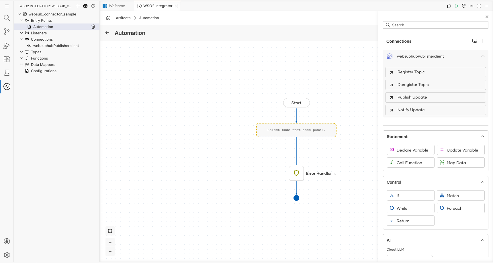 Websubhub Publisher connection node expanded showing all available operations before selection
