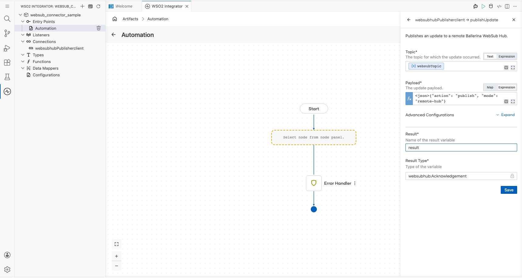Websubhub Publisher publishUpdate operation configuration filled with all values