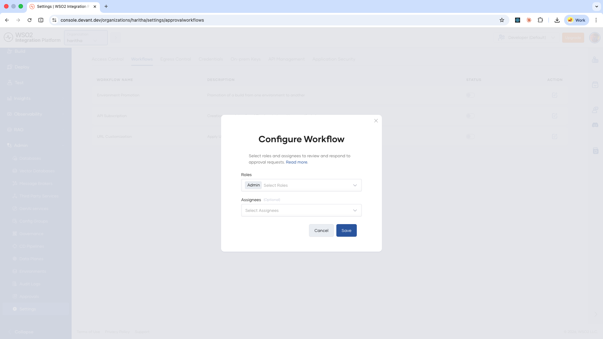 Configure Workflow dialog showing Roles and Assignees fields