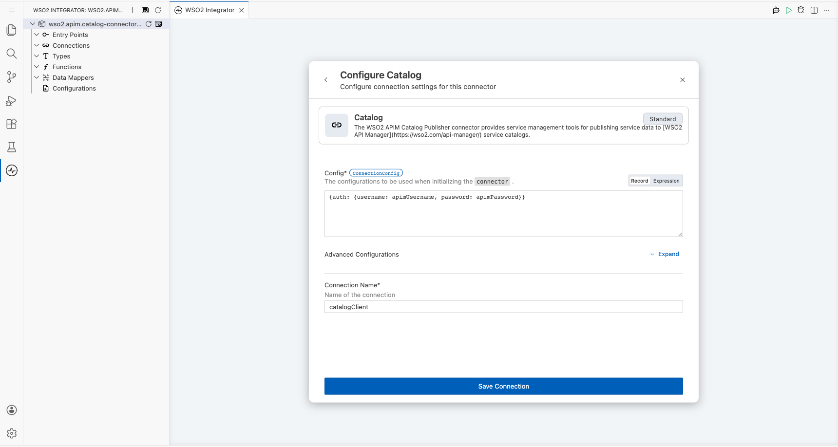 WSO2 APIM Catalog connection form fully filled with all parameters before saving