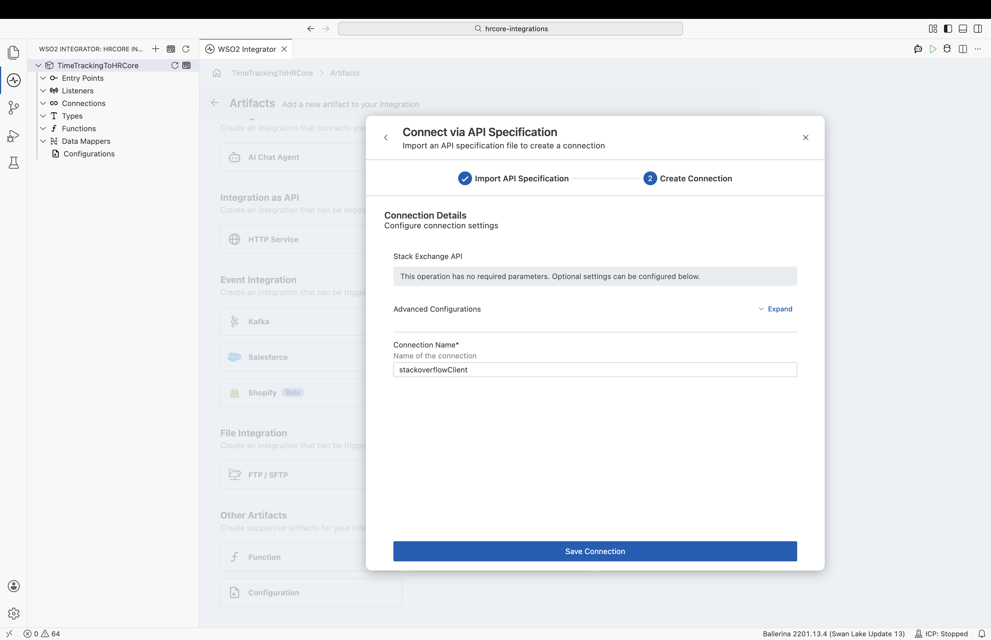 Create the connection in the Connect via API Specification wizard