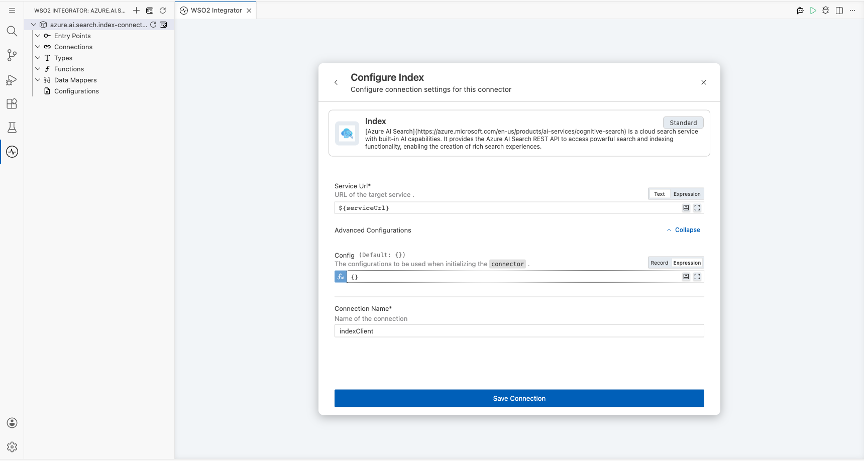 Azure AI Search Index connection form fully filled with all parameters before saving