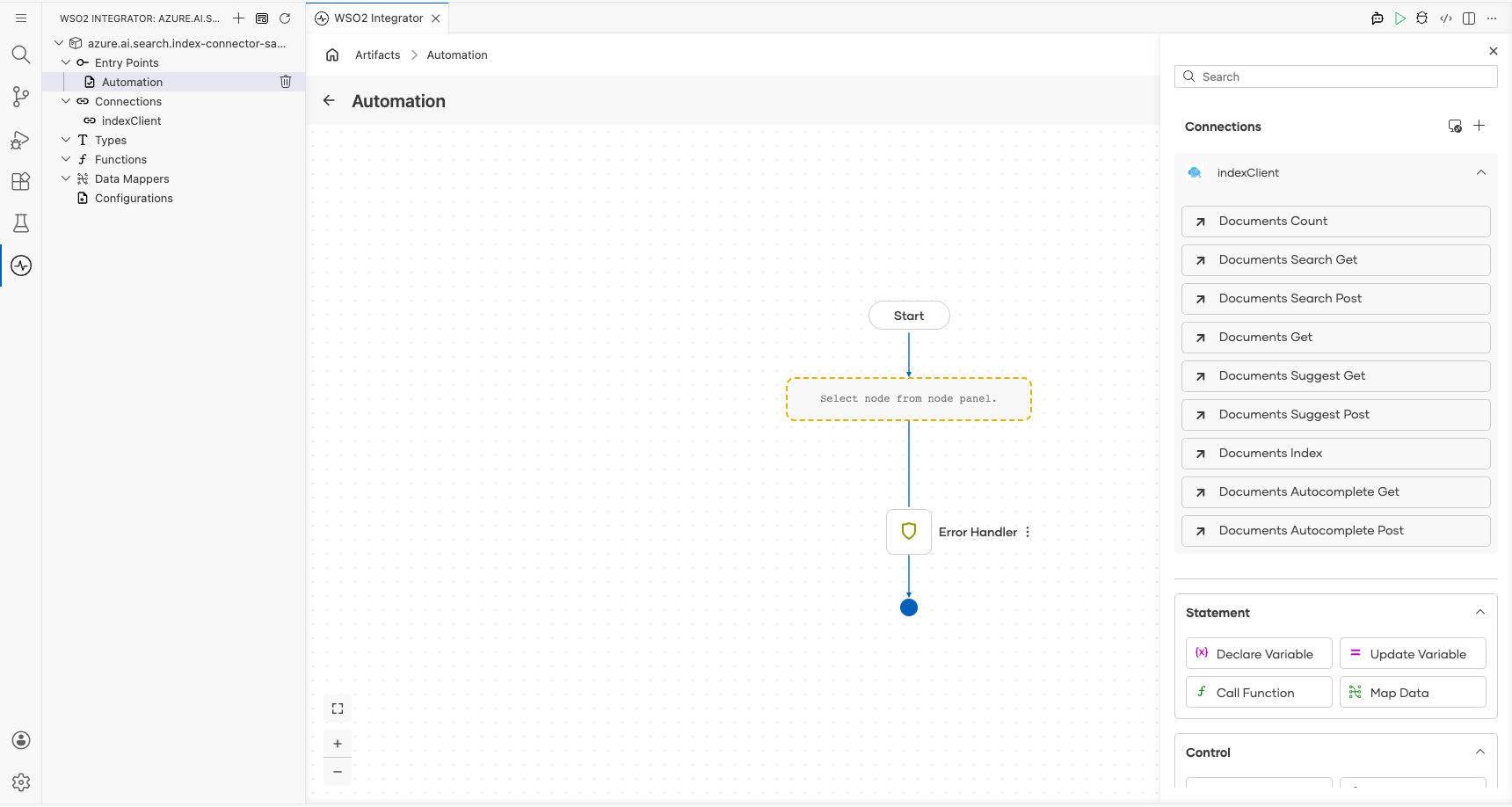 Azure AI Search Index connection node expanded showing all available operations before selection