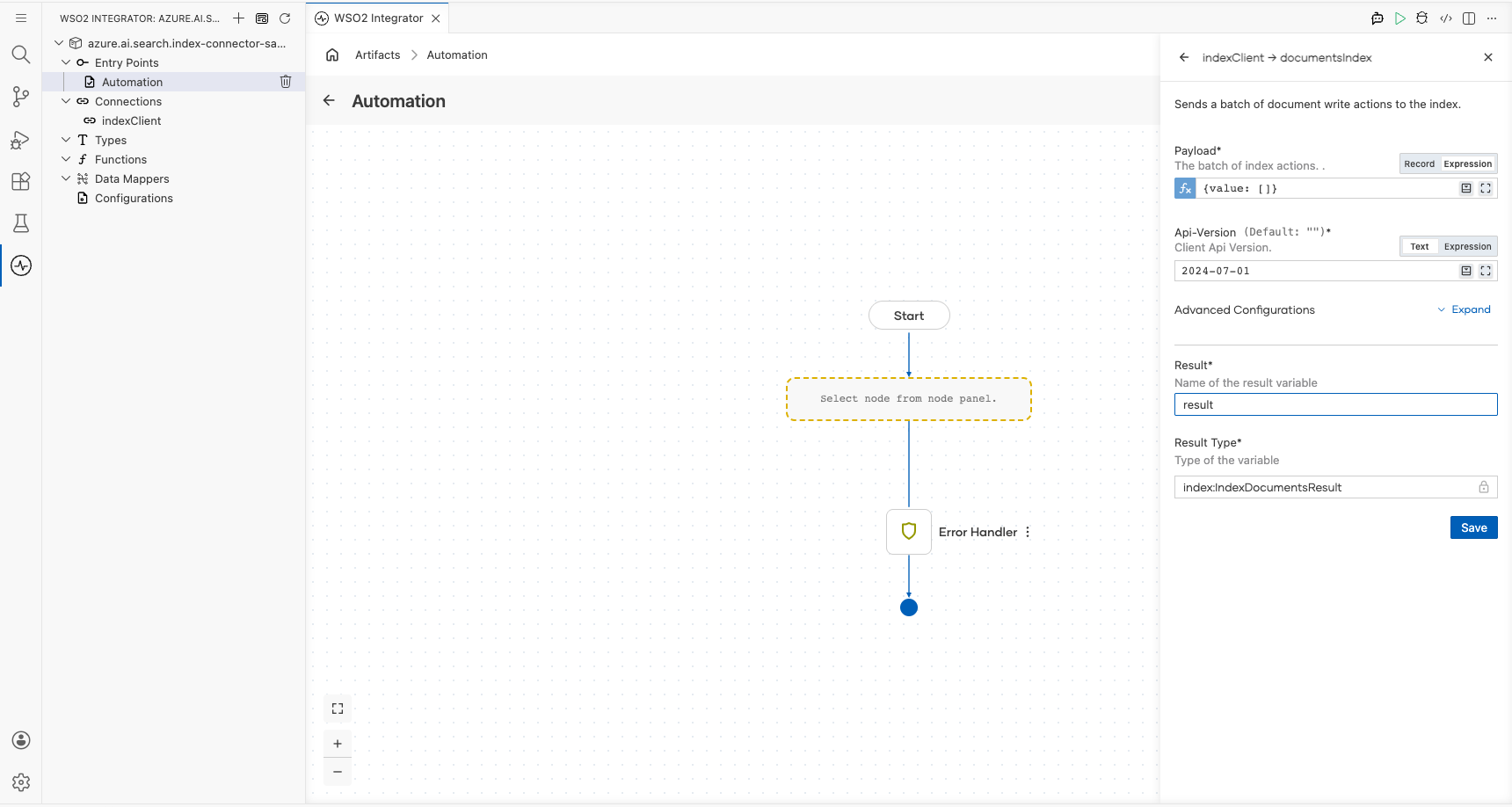 Azure AI Search Index Documents Index operation configuration filled with all values