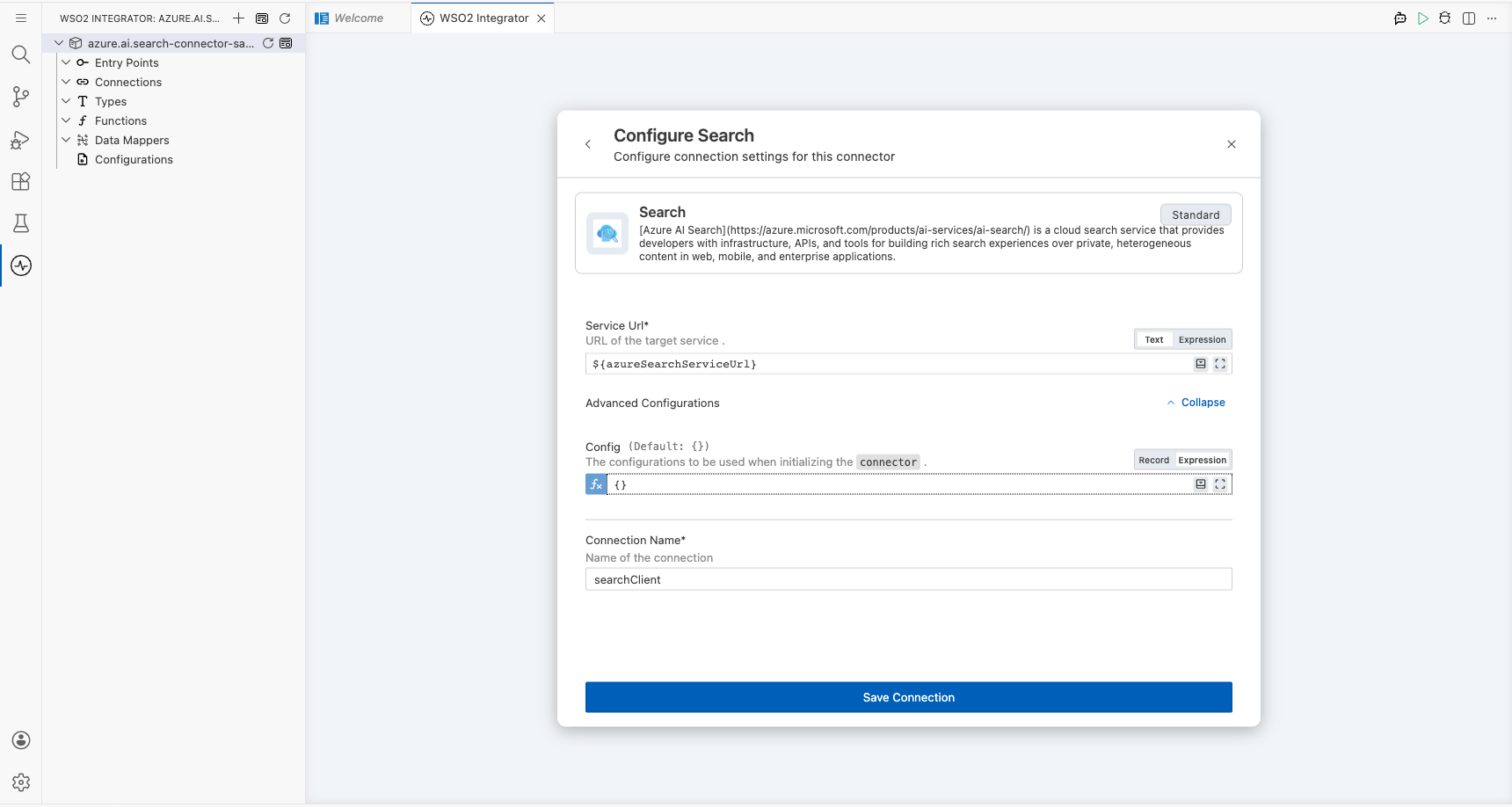 Azure AI Search connection form fully filled with all parameters before saving