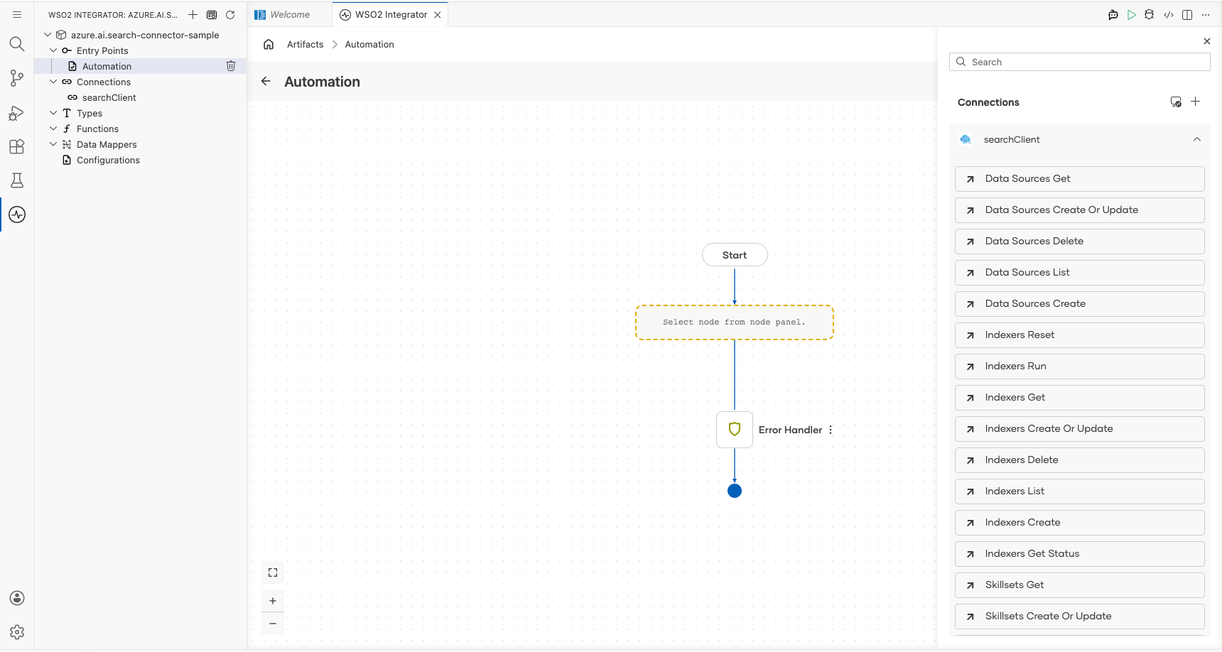 Azure AI Search connection node expanded showing all available operations before selection