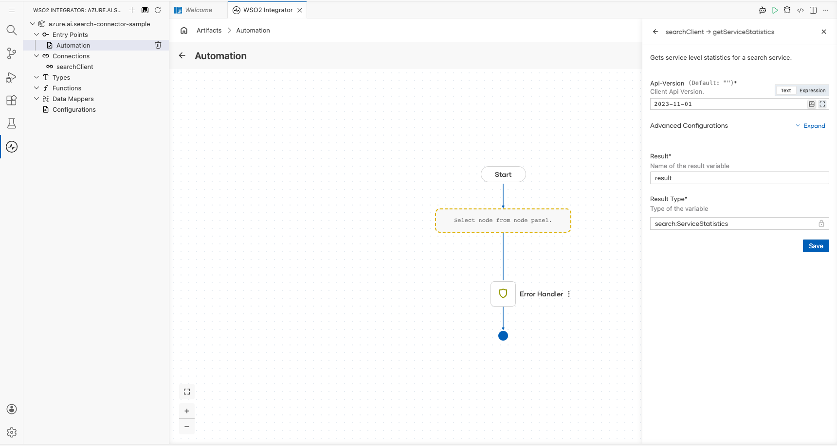 Azure AI Search Get Service Statistics operation configuration filled with all values
