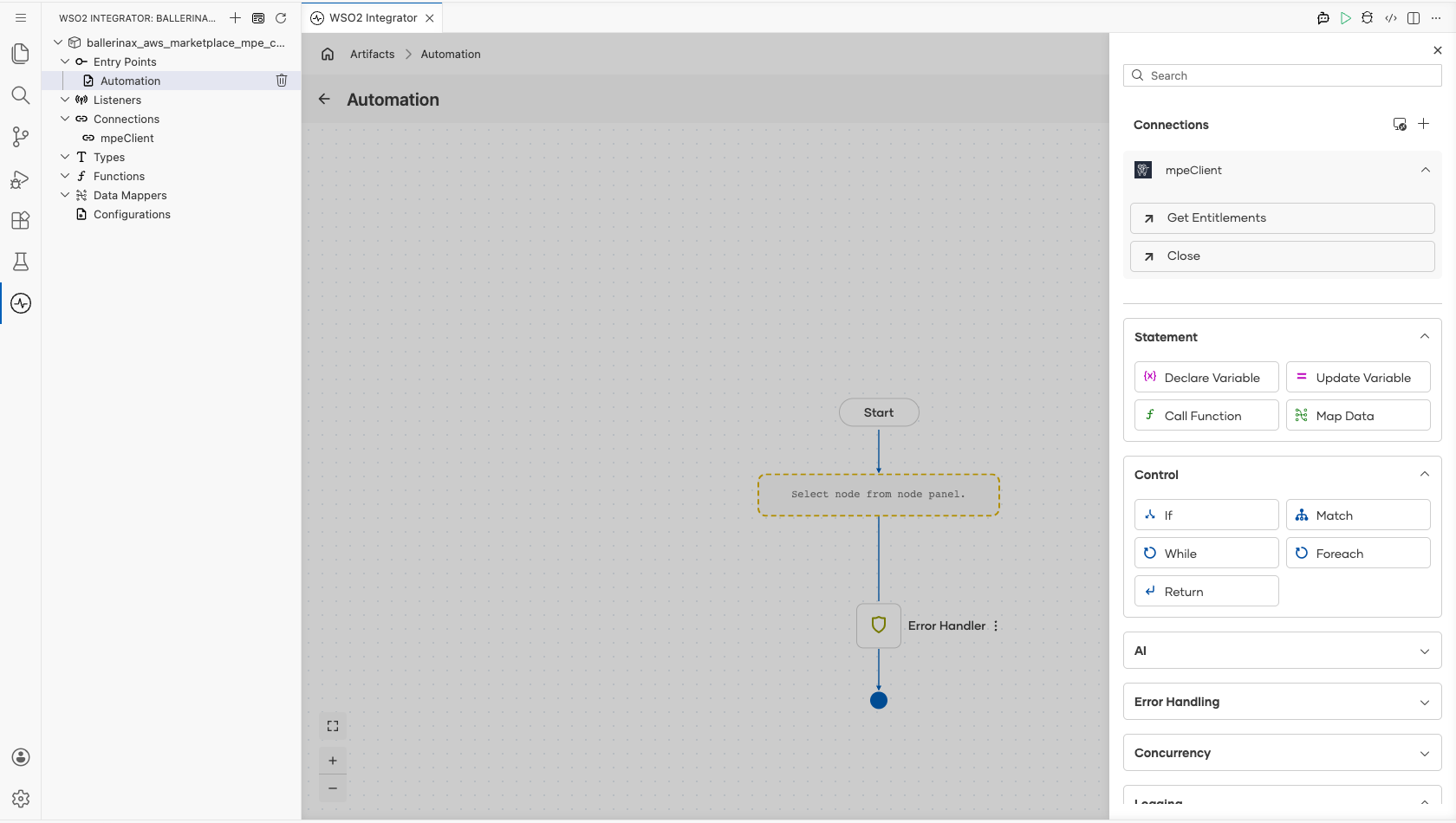 mpeClient connection expanded in the node panel to display the Get Entitlements and Close operations