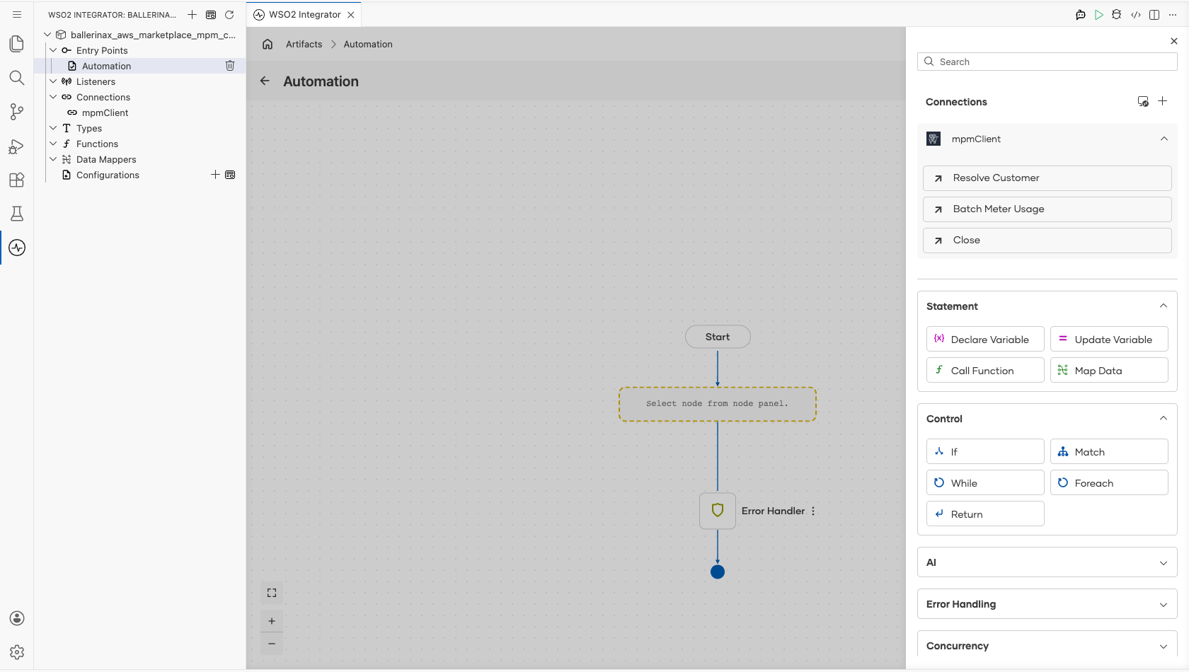 mpmClient connection expanded in the node panel to display its operations before one is selected