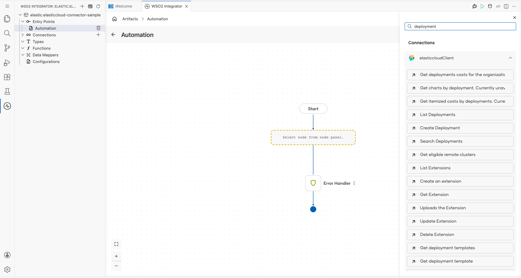 Elastic Cloud connection node expanded showing all available operations before selection