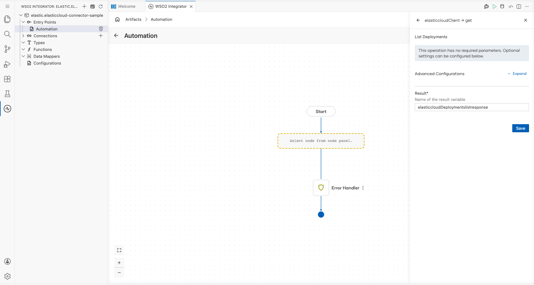 Elastic Cloud listDeployments operation configuration filled with all values