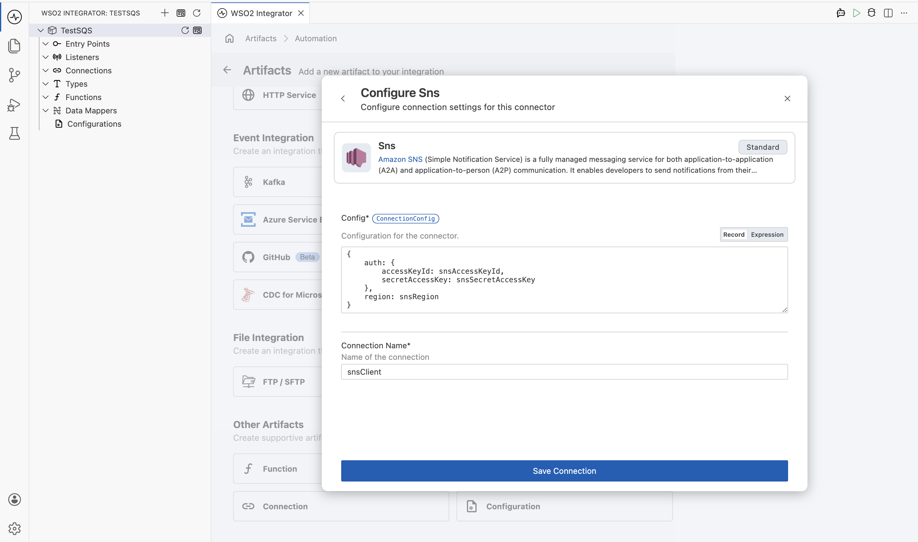AWS SNS connection form fully filled with all parameters before saving