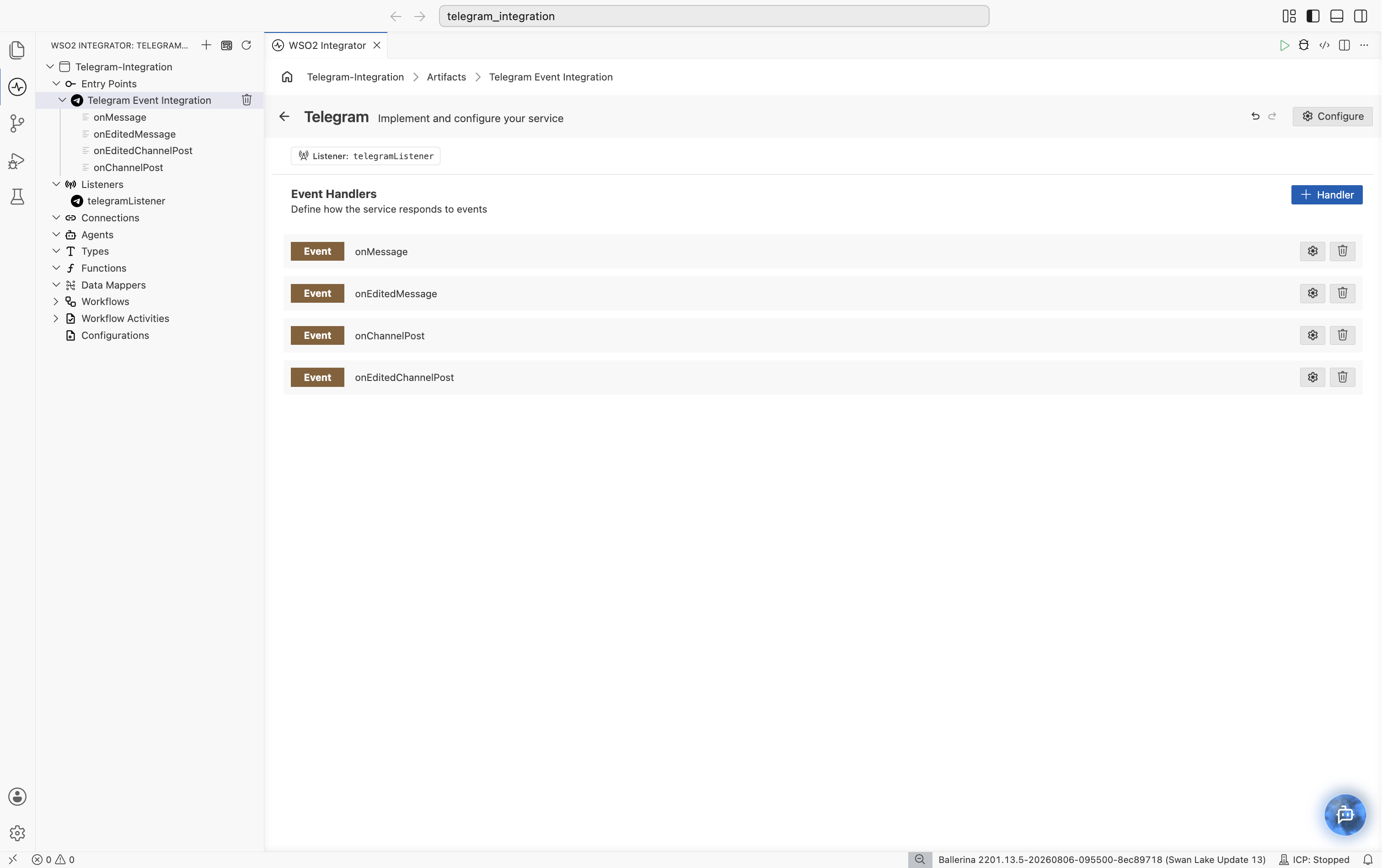 Telegram Service Designer listing onMessage, onEditedMessage, onCallbackQuery, and onInlineQuery handlers