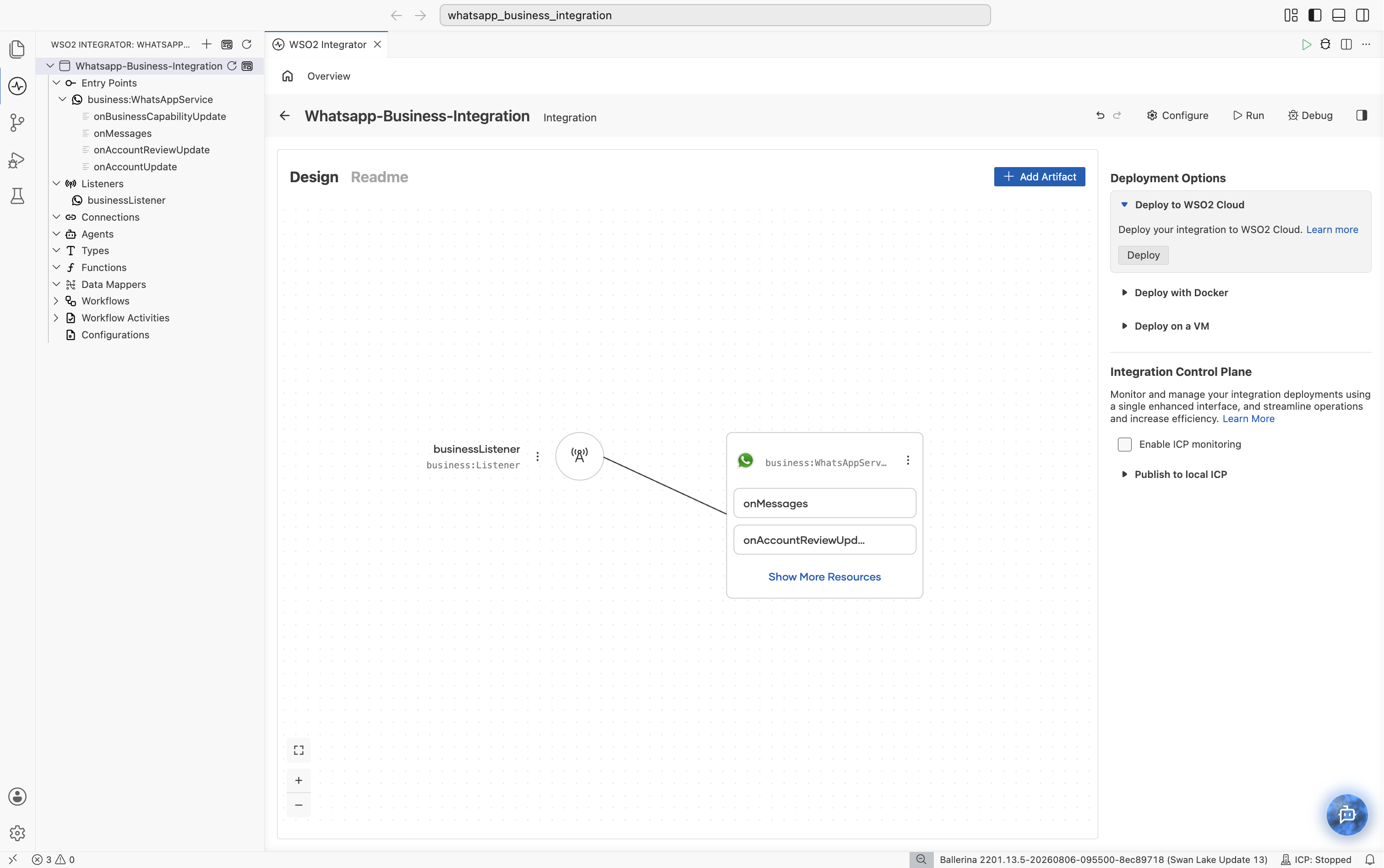 WSO2 Integrator design canvas showing the whatsappListener connected to WhatsAppService with onMessages and onAccountUpdate handlers