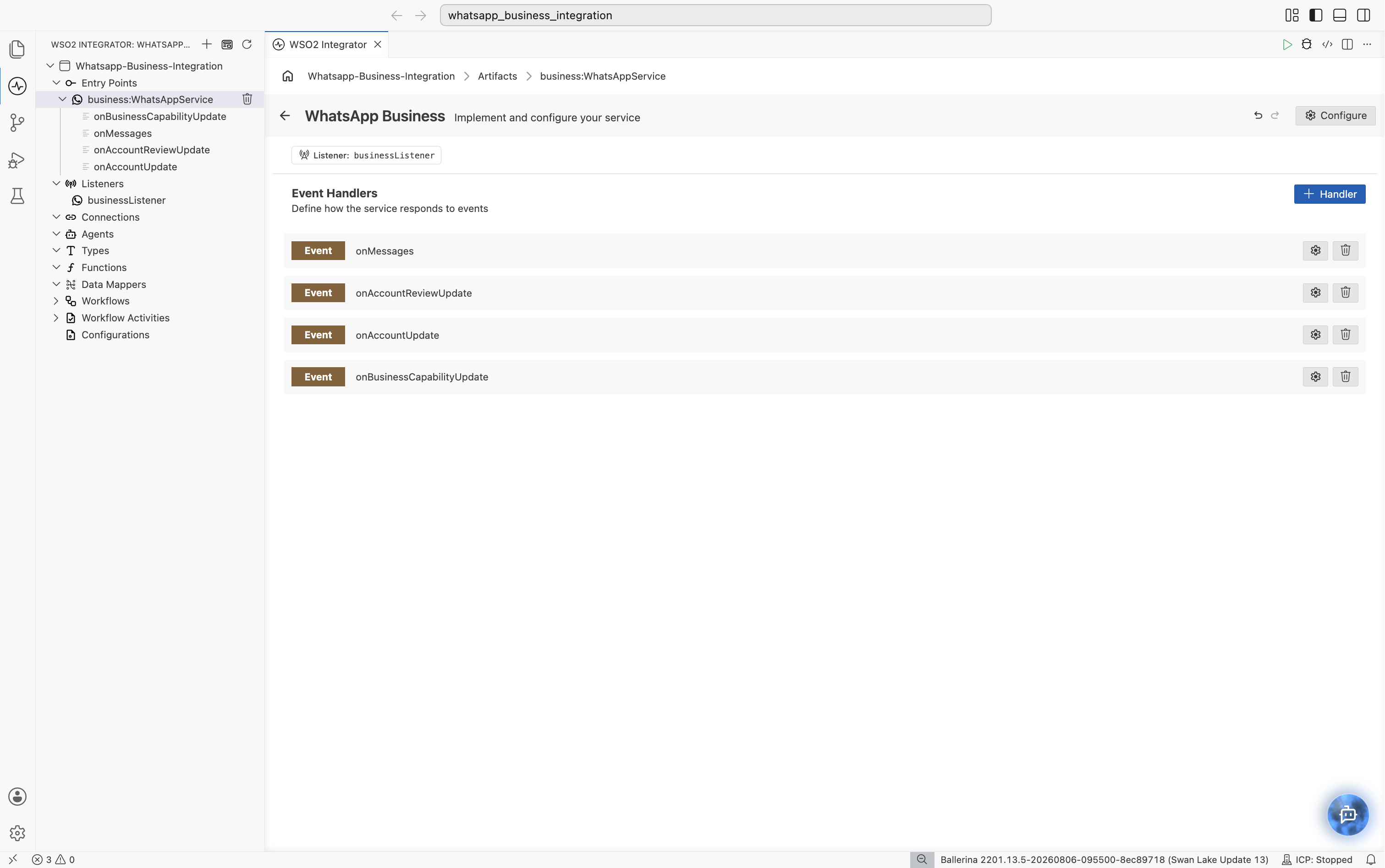 WhatsApp Business Service Designer listing onMessages, onAccountUpdate, onMessageTemplateStatusUpdate, onSecurity, and onError handlers