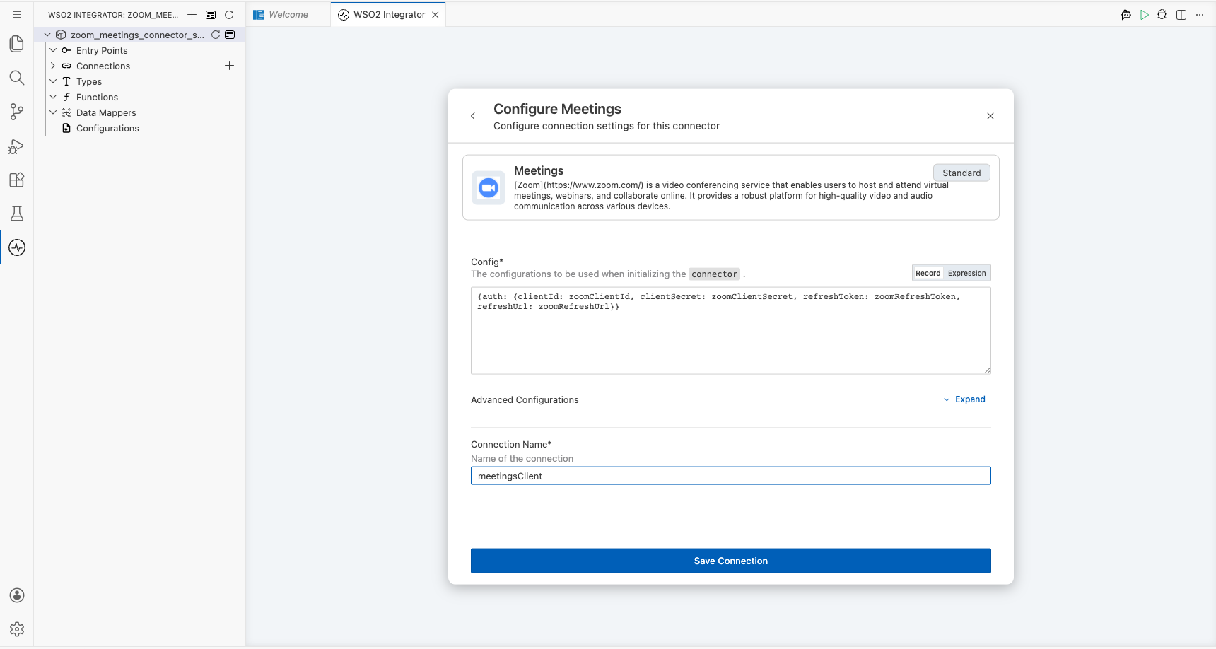Zoom Meetings connection form fully filled with all parameters before saving
