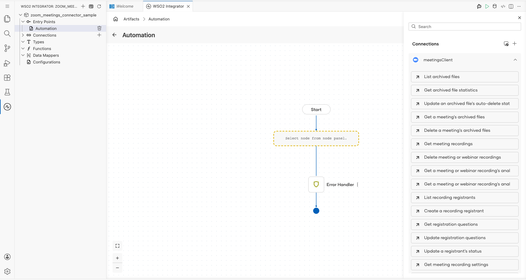 Zoom Meetings connection node expanded showing all available operations before selection