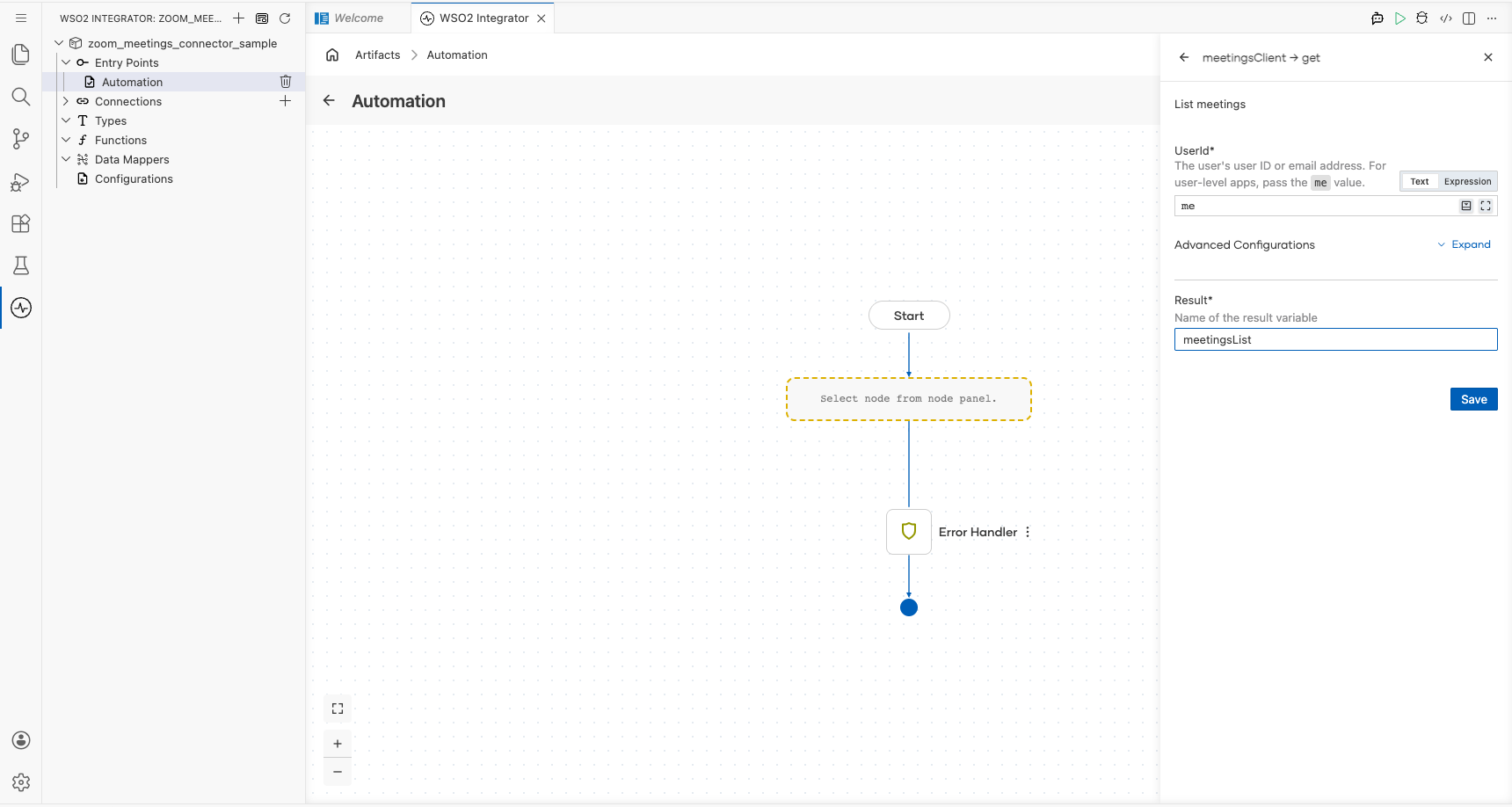 Zoom Meetings listMeetings operation configuration filled with all values