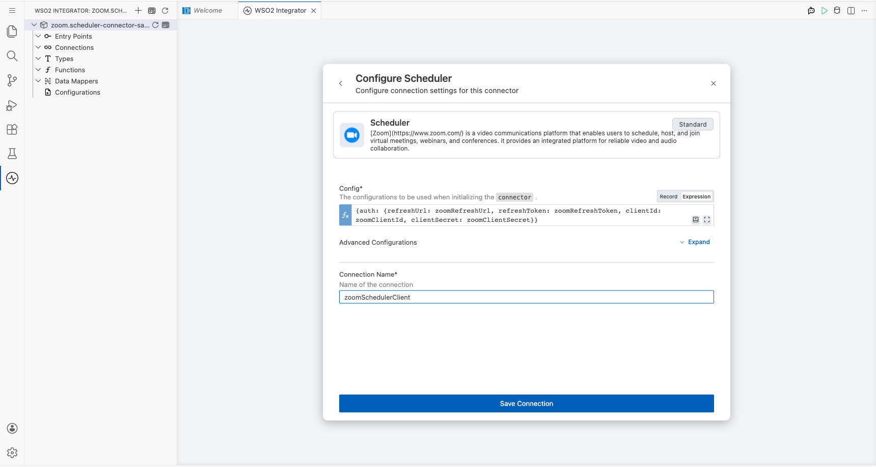 Zoom Scheduler connection form fully filled with all parameters before saving
