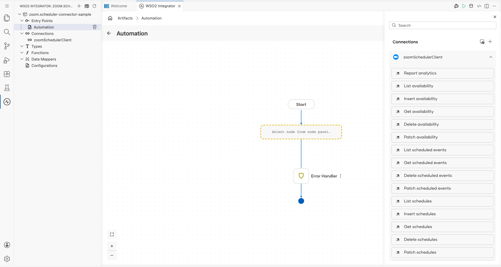 Zoom Scheduler connection node expanded showing all available operations before selection