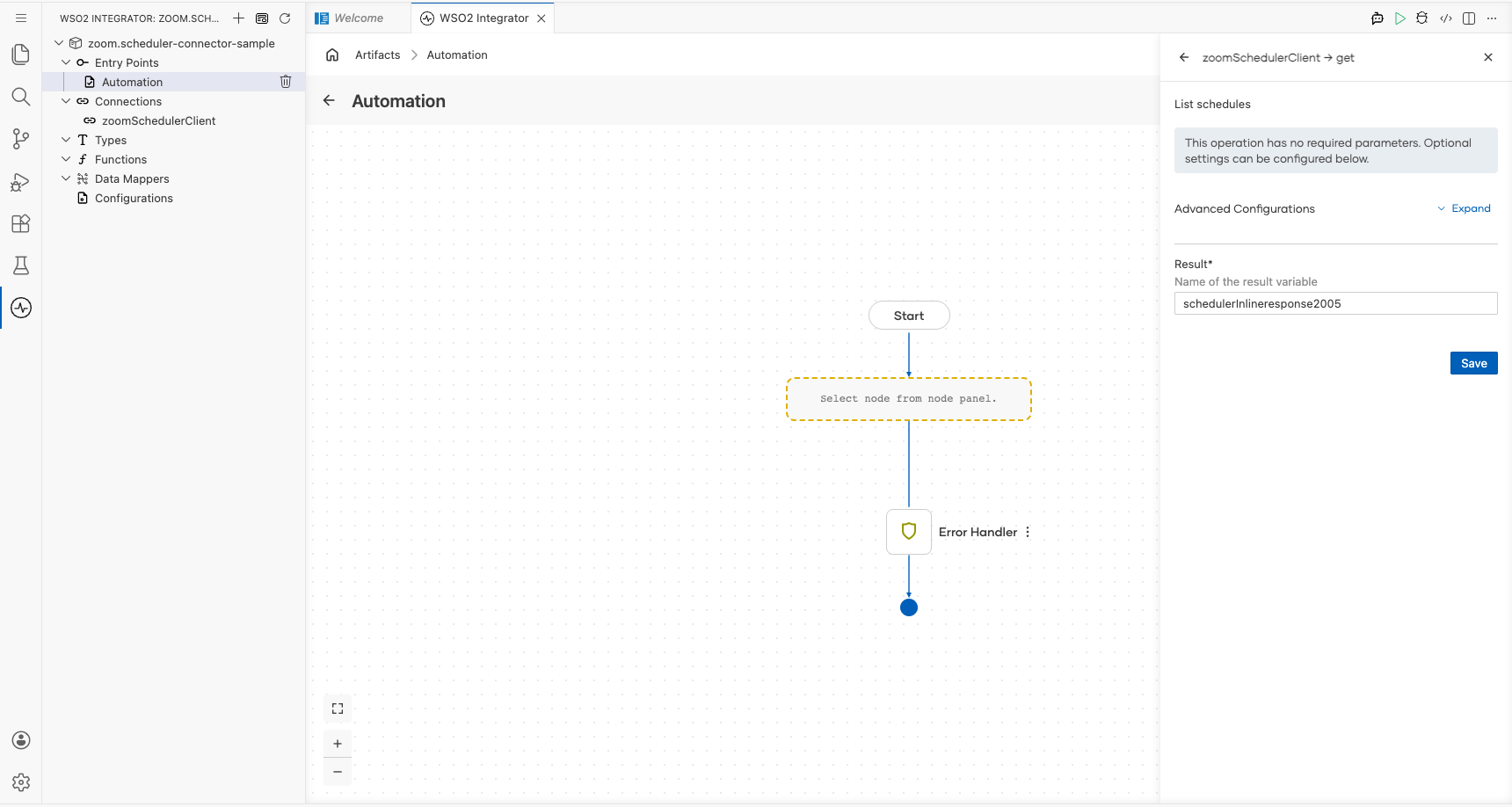 Zoom Scheduler List schedules operation configuration filled with all values
