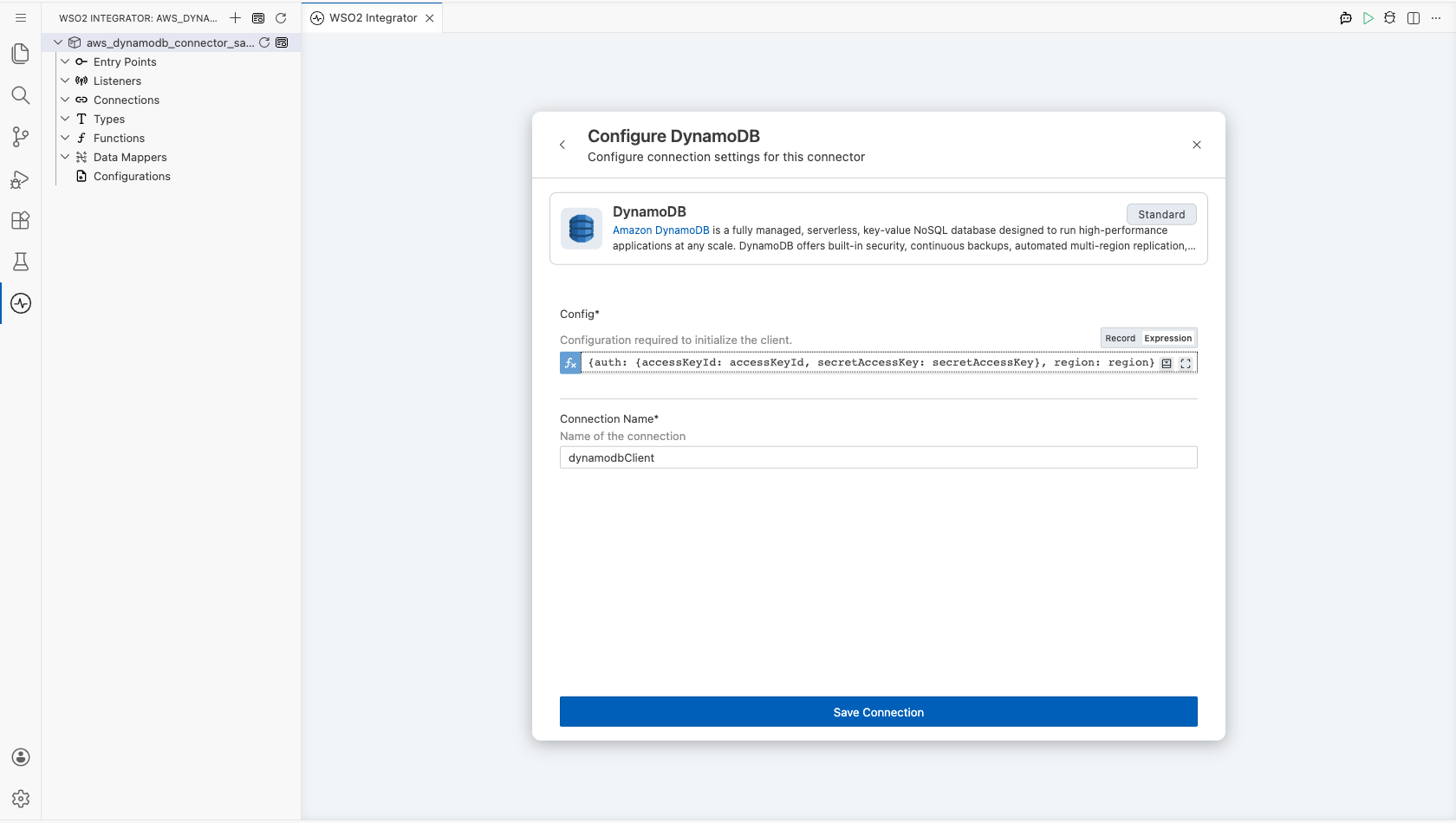 AWS DynamoDB connection form with the Config record bound to configurable variables before saving