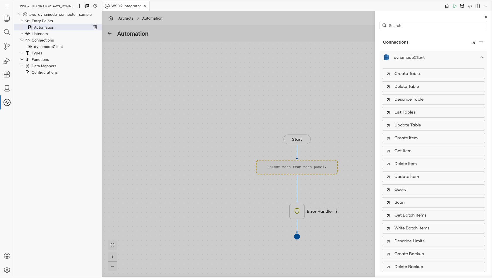 dynamodbClient connection expanded in the node panel to display its operations before selection