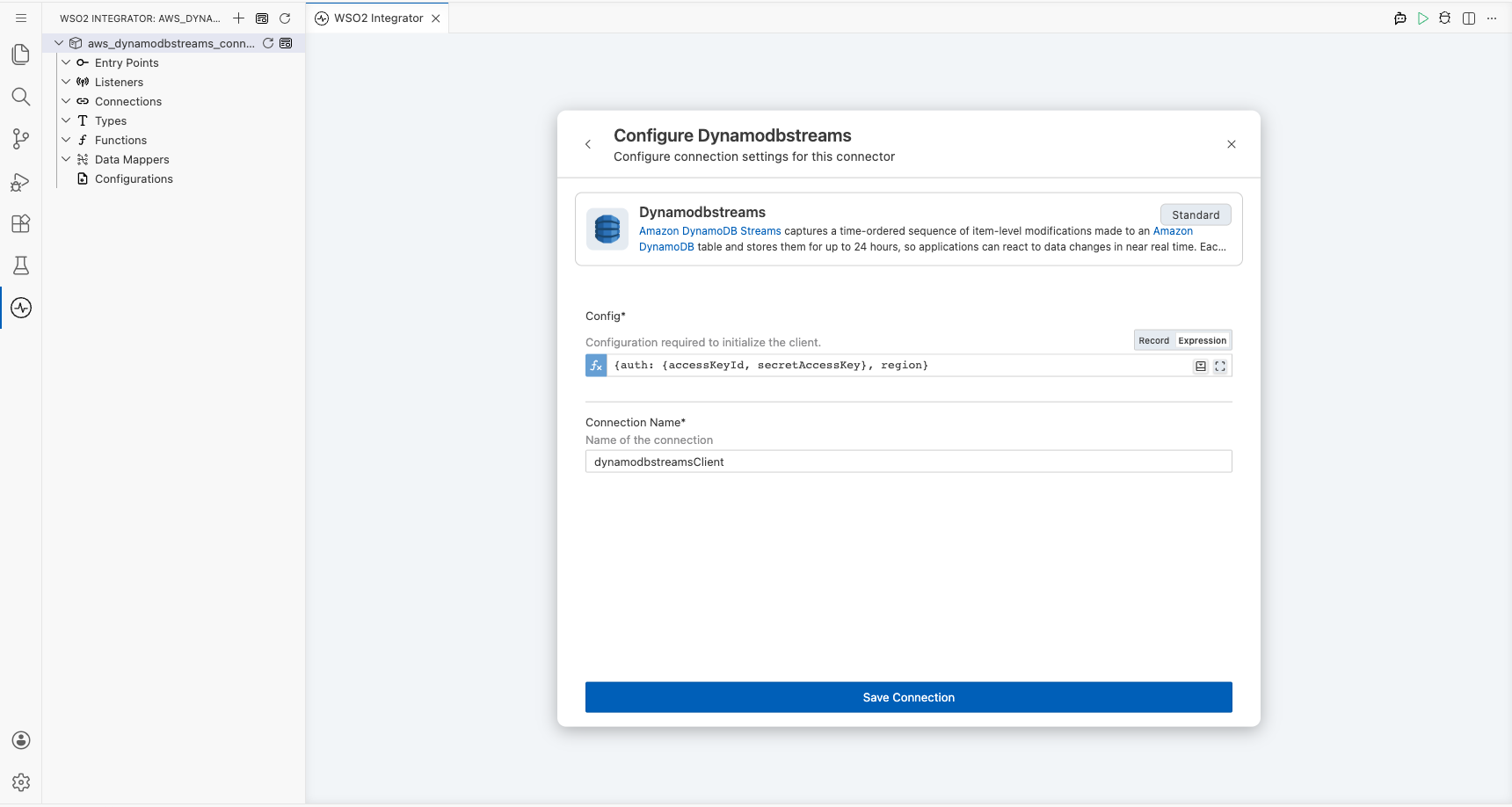 AWS DynamoDB Streams connection form with all parameters bound before saving