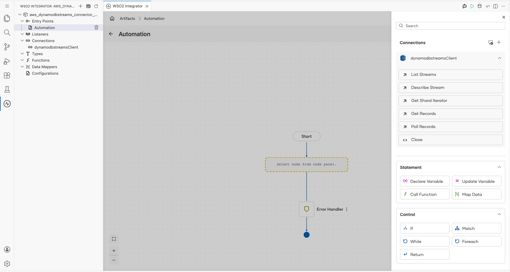 AWS DynamoDB Streams connection expanded to display operations before selection