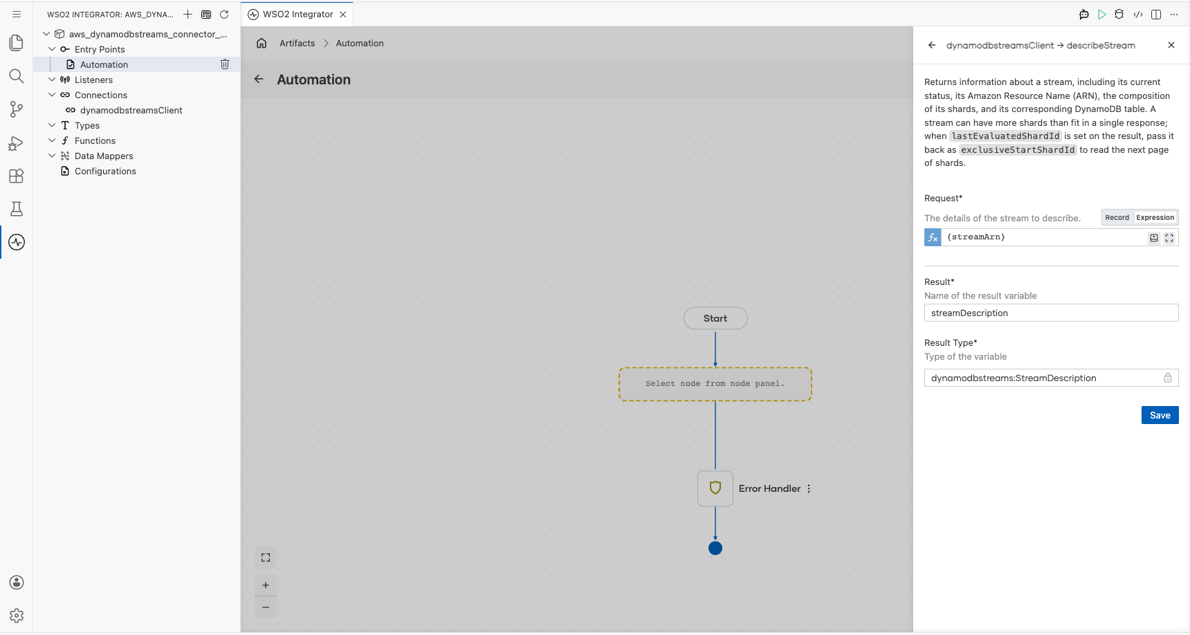 AWS DynamoDB Streams Describe Stream operation with all values entered before saving