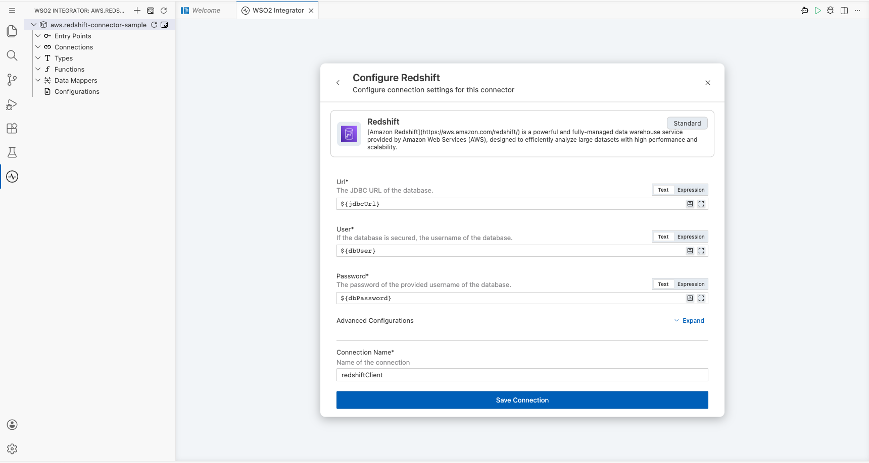 AWS Redshift connection form fully filled with all parameters before saving