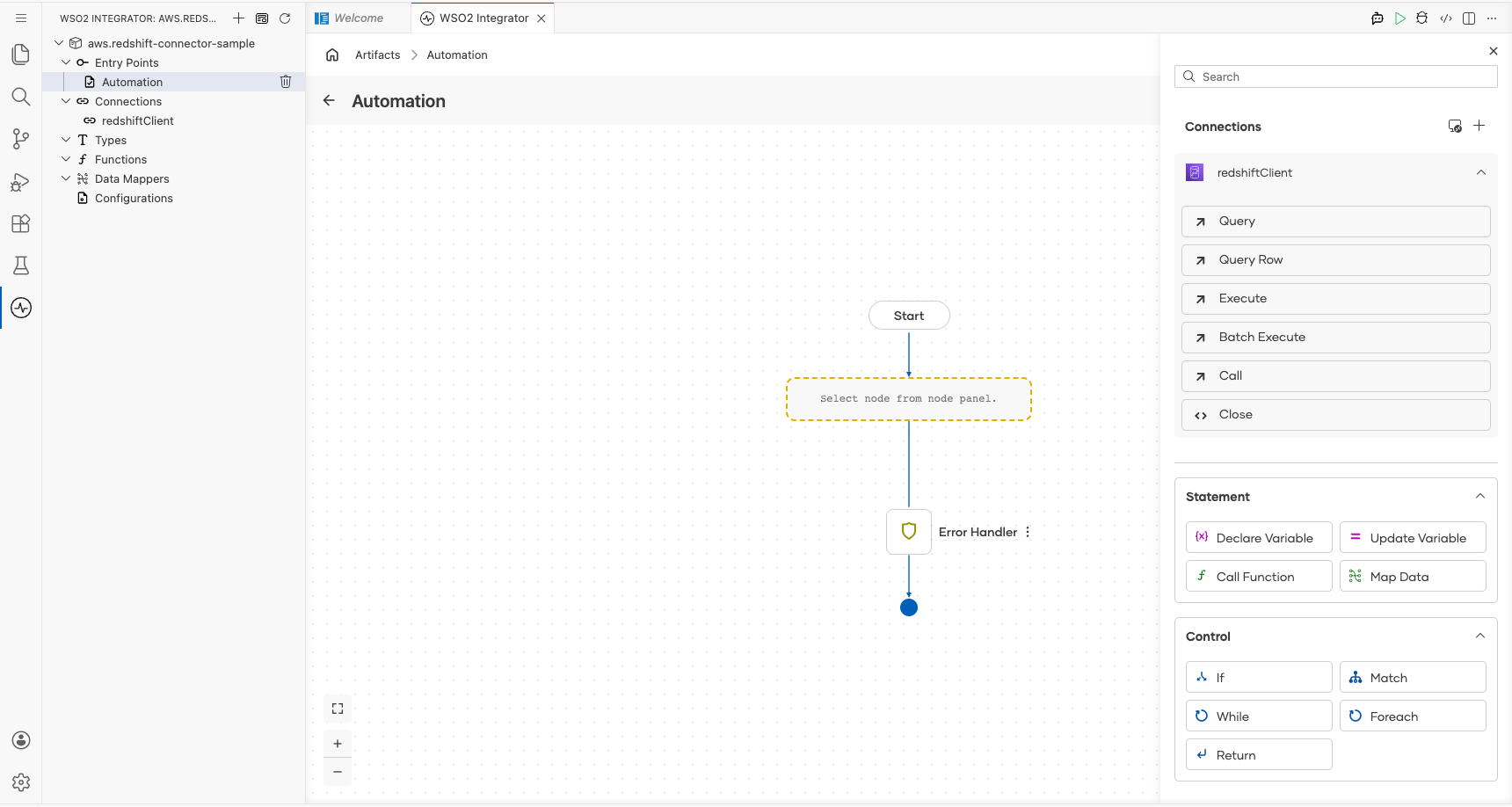 AWS Redshift connection node expanded showing all available operations before selection