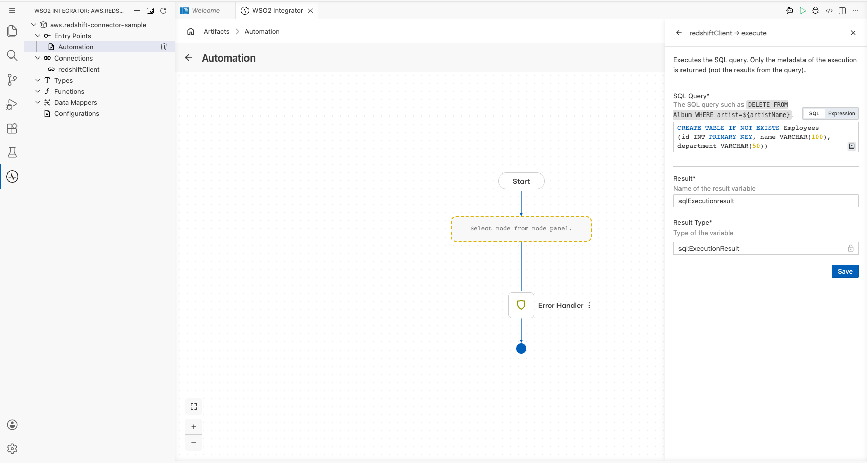 AWS Redshift execute operation configuration filled with all values