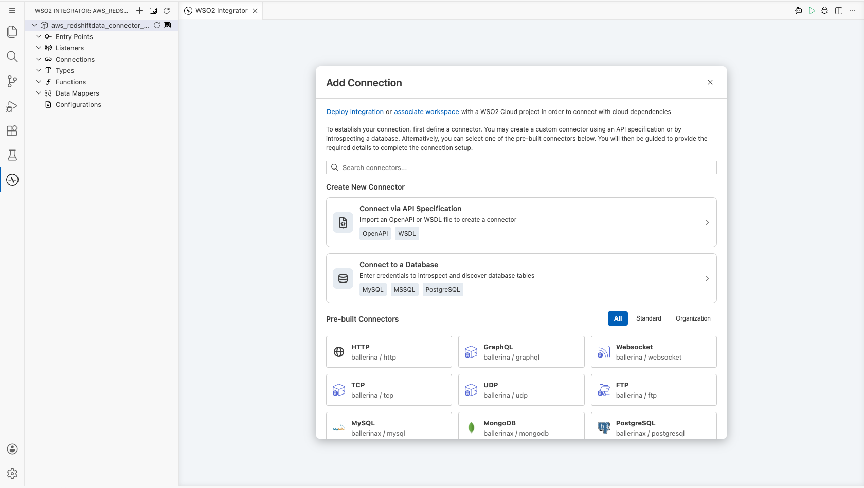AWS Redshift Data connector palette open in the Add Connection dialog before selection