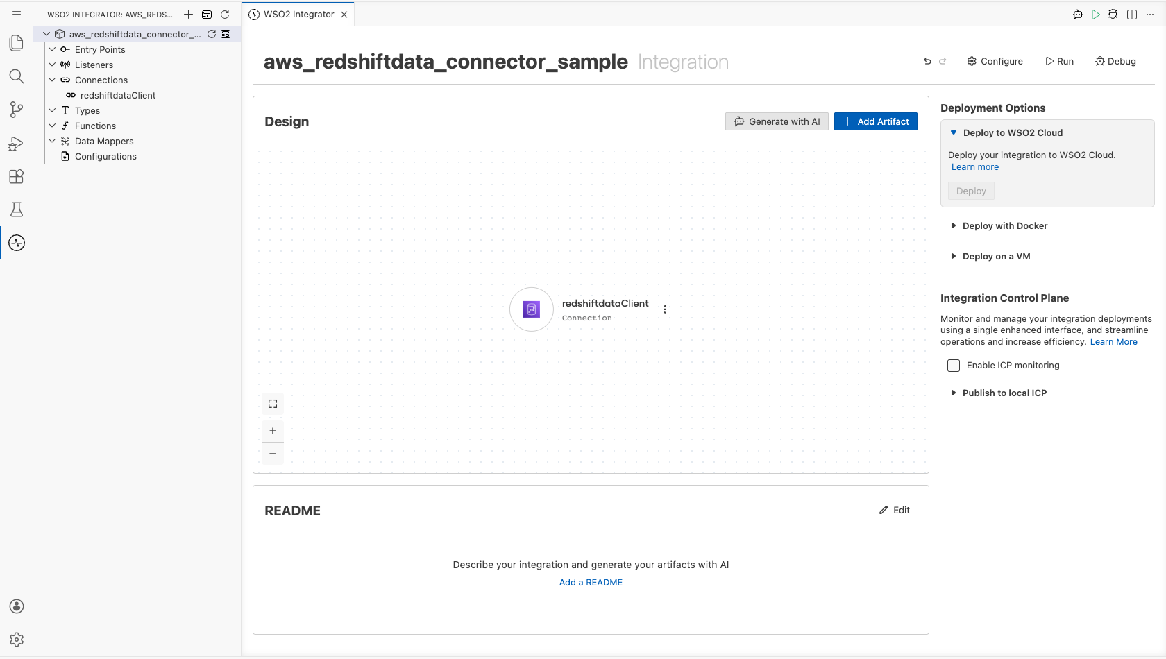 Saved redshiftdataClient connection shown on the integration design canvas and in the project tree