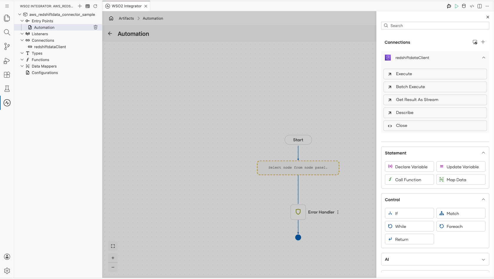 redshiftdataClient connection expanded in the node panel to display its five operations before selection