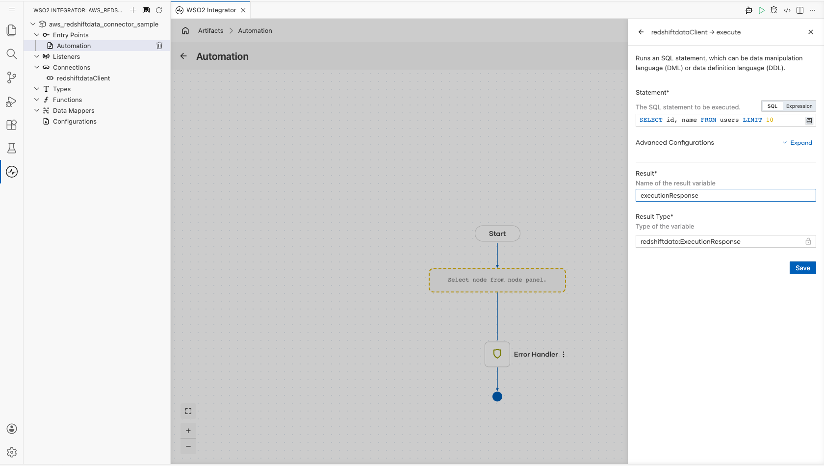 Execute operation form with the SQL statement entered and the result variable named before saving